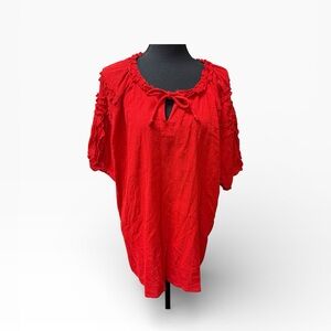Multiples Red Boho Peasant Blouse 1X Textured Tie Neck Tunic Top Summer